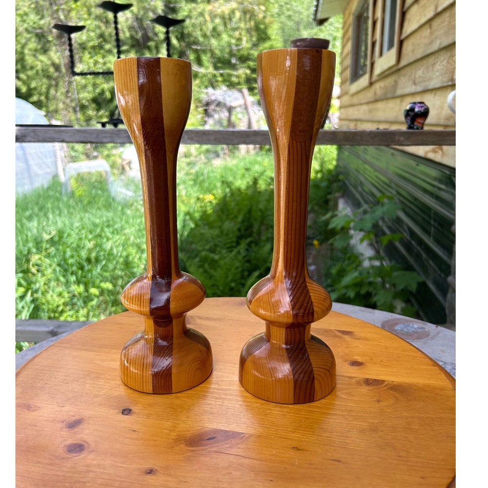Vintage Wood Candlestick Holders‎ Pair 14" Brown MCM Op Art Danish Modern Style
